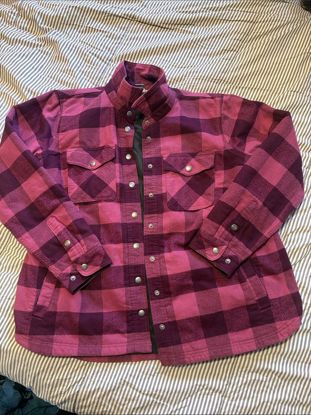 Duluth Trading Co Pink and Burgundy Plaid Snap-Front Jacket